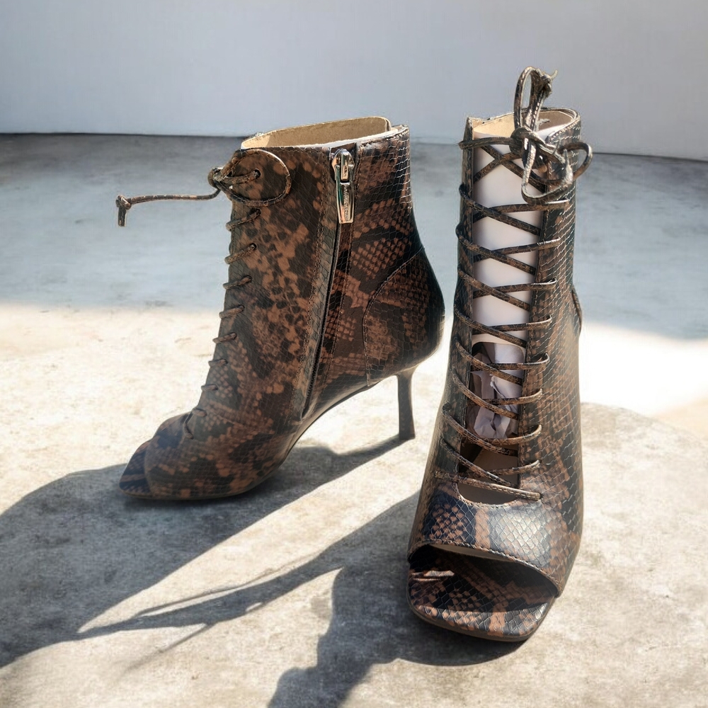 Vince Camuto Snake-Print Lace-Up Peep-Toe Ankle Booties - Brown